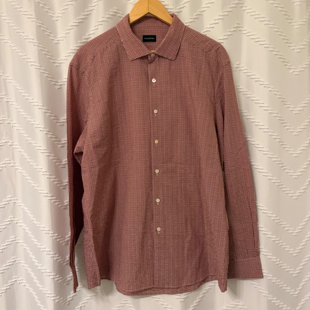 Ermenegildo Zegna Mens Red Micro Check Puckered Cotton Button Down Shirt XXL